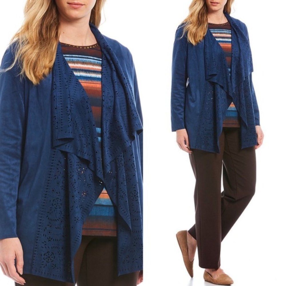 Allison Daley Indigo Blue Faux Suede Laser Cut Out Open Front Cardigan